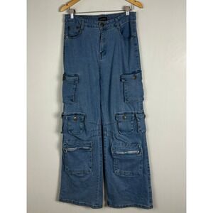 Luchino Baggy Wide Leg Cargo Jeans Y2K 90s Blue Denim Womens Size 29 Cotton Boho
